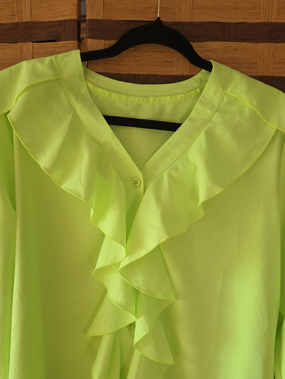 Neon Lime Ruffle V-Neck Blouse - Women Tops - Picture 2 of 6